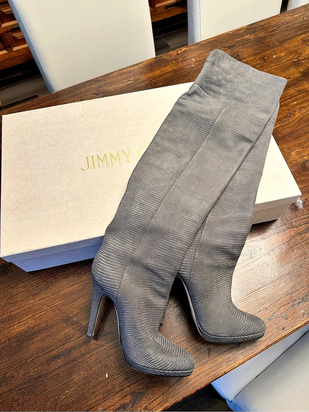 Jimmy Choo Giselle Snake-Embossed Ankle Boots Gray US 8.5